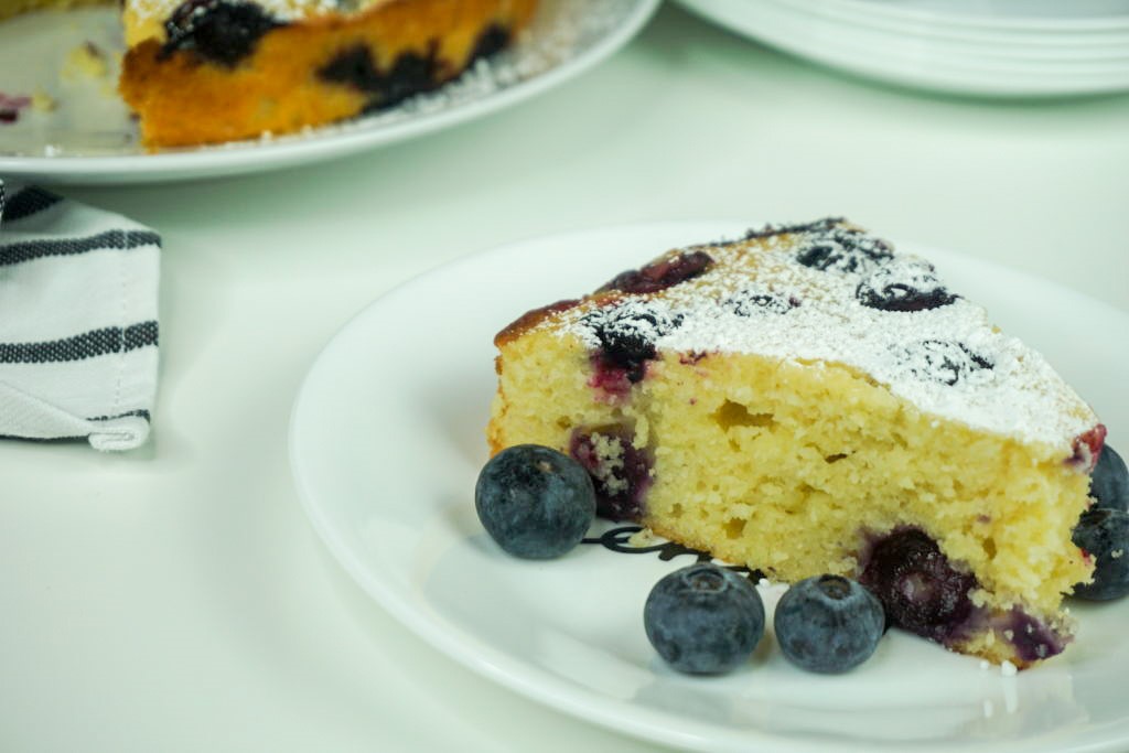 close-up of blueberry lemon ricotta cake