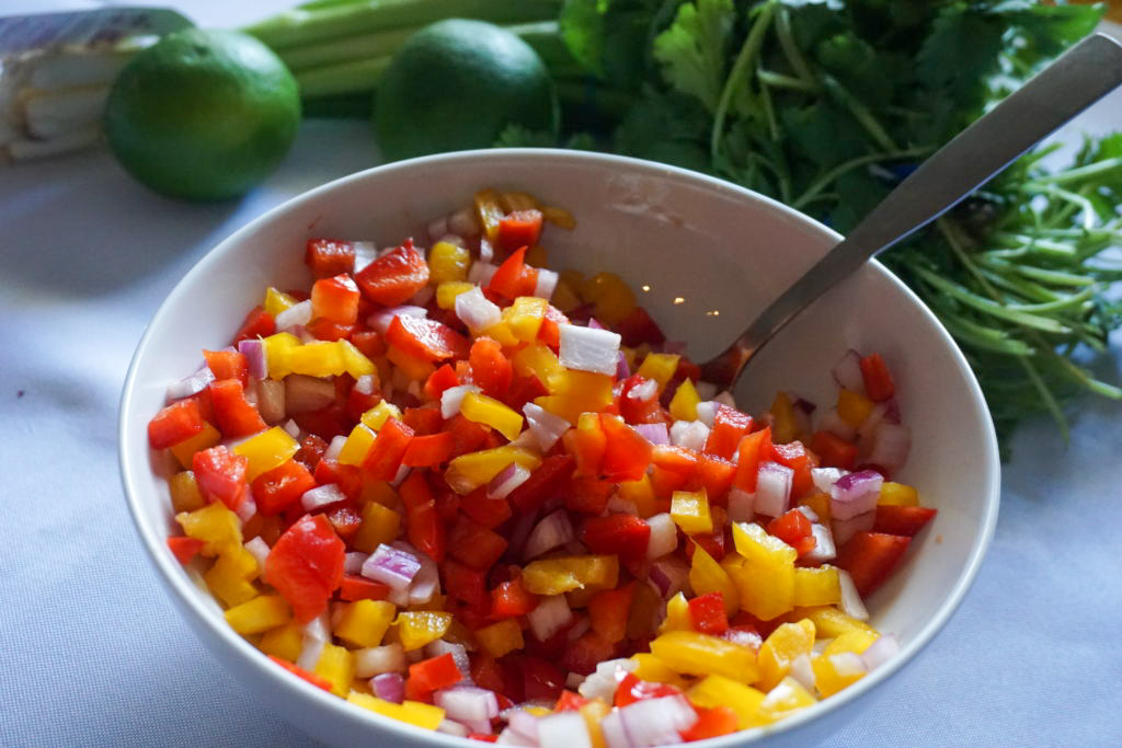 freshly chopped bell peppers and red onions 