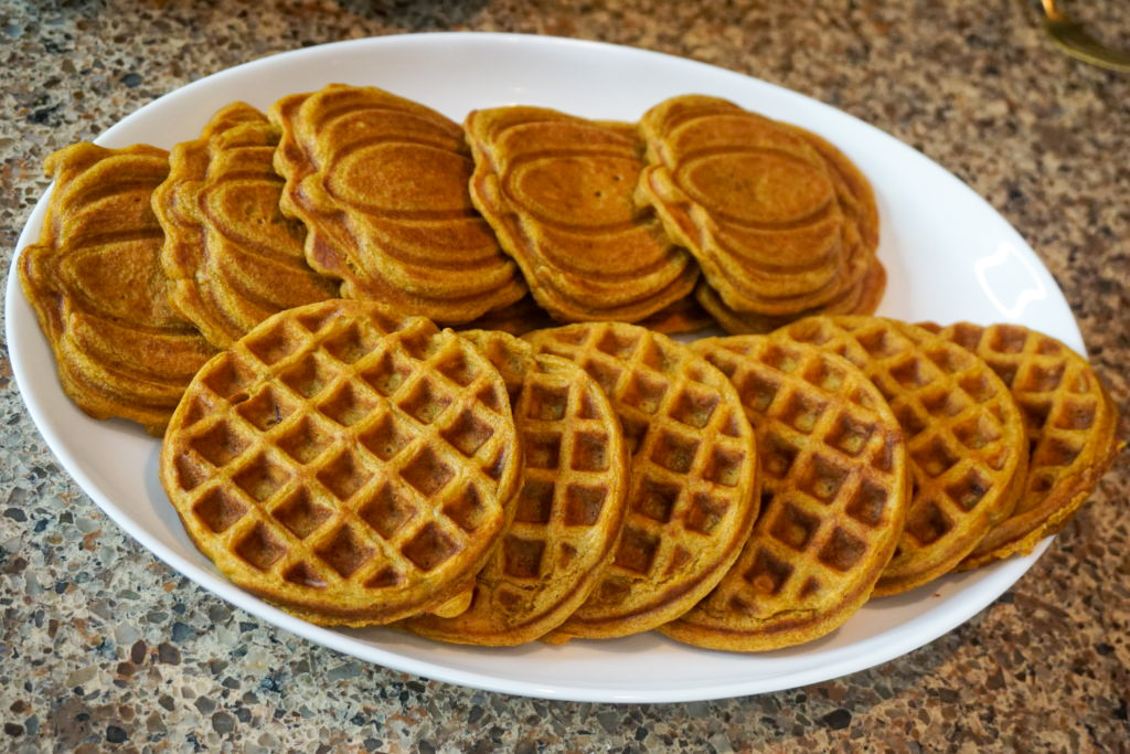 just the pumpkin spice latte waffles on a large white serving plate