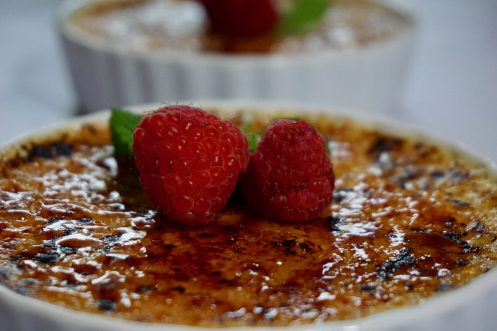 Close-up of the creme brûlée with the brittle sugar. 