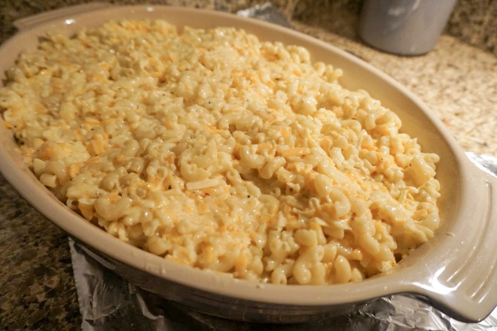 Unbaked mac and cheese in a large pan