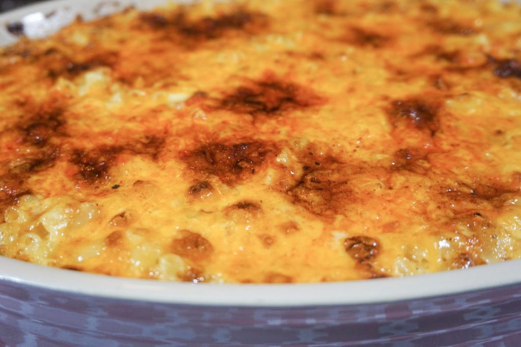 Close up of baked macaroni and cheese