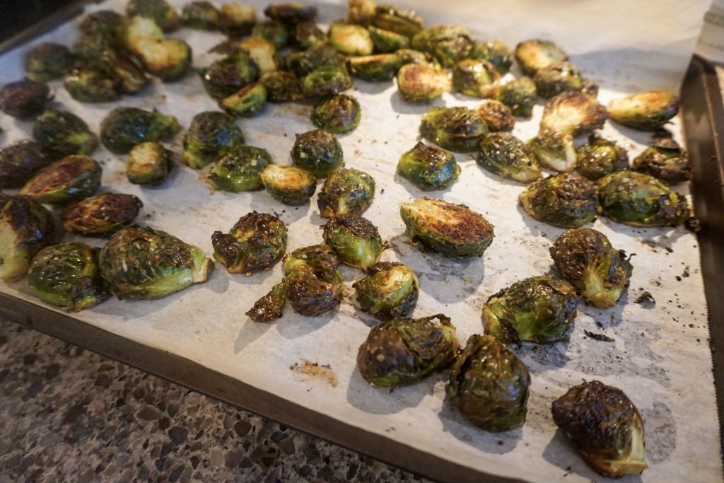 Roasted sprouts on a cookie sheet 