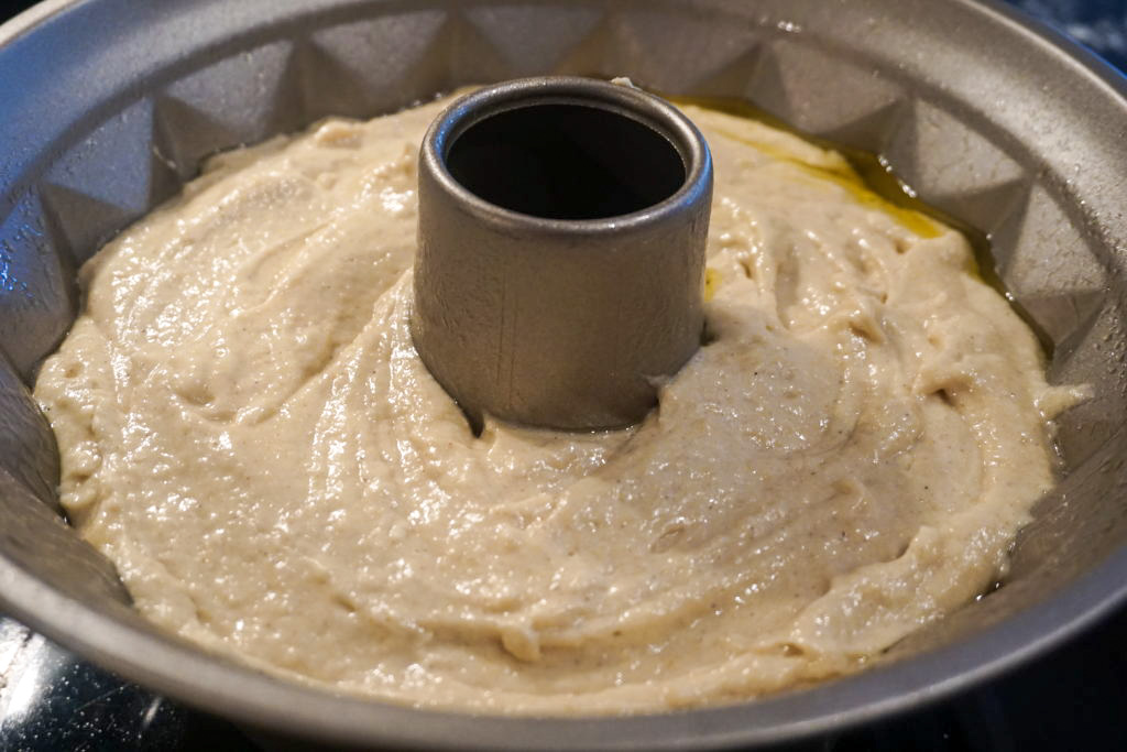 the cake inside the greased bundt pan