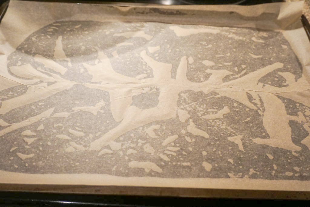 A lined cookie sheet with parchment paper and oil