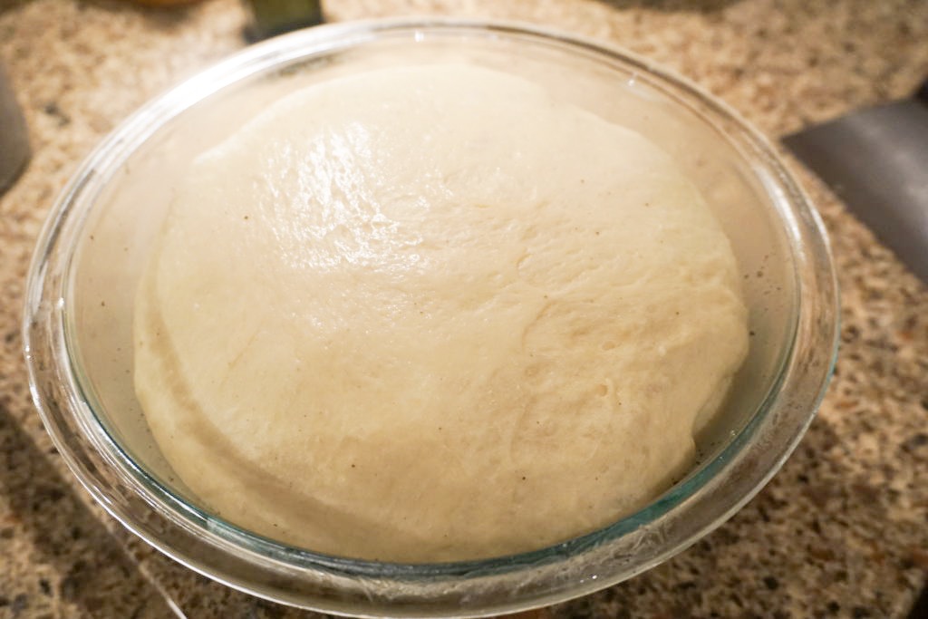 Close-up of the first rise of the brioche bread