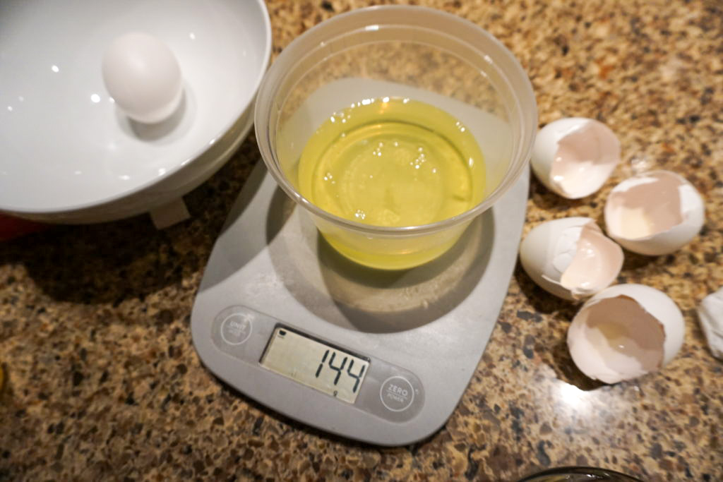 Weighing out the egg whites preparing for the "aging process"