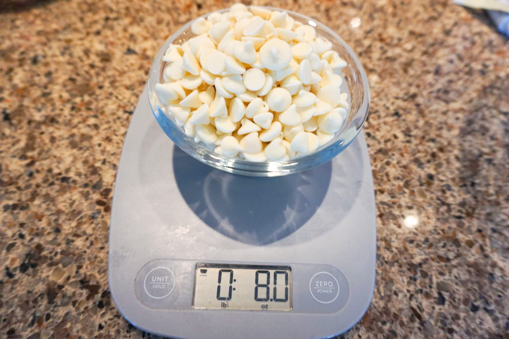 Weighing out the white chocolate chips