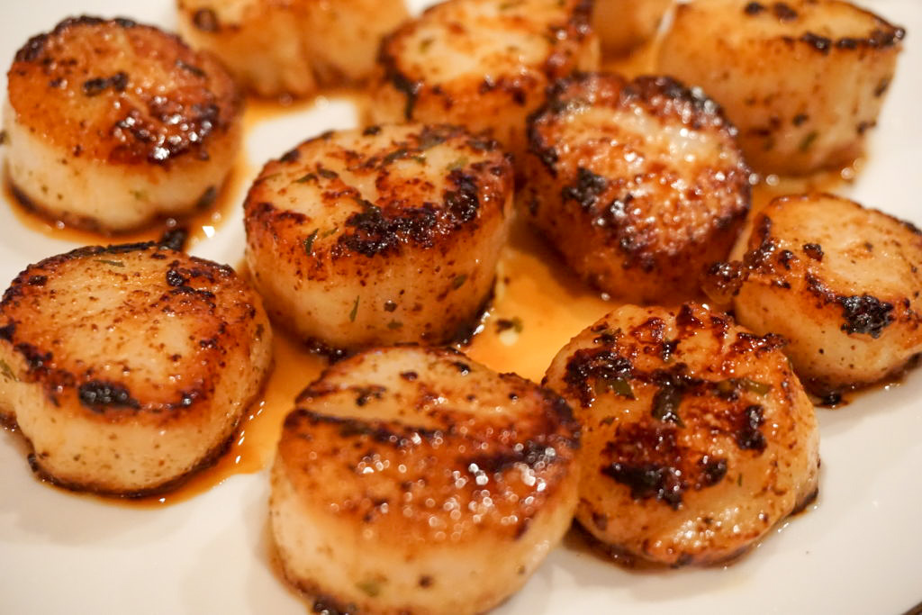 close-up of seared scallops