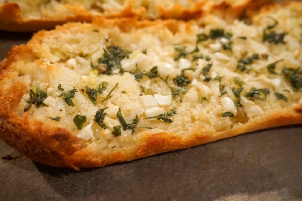 close-up of the garlic bread before baking