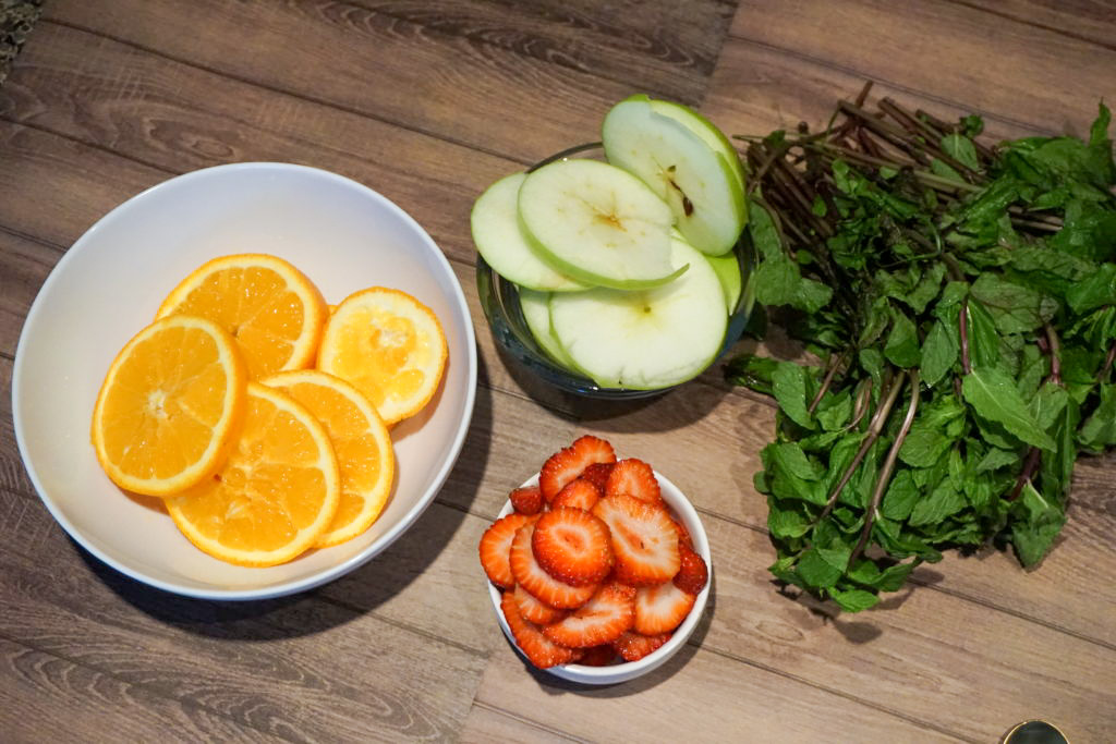 fruit used in the sangria mint, strawberries, sliced oranges, and sliced apple