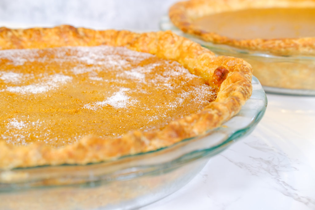 close-up of the sugar pumpkin pie and regular pie